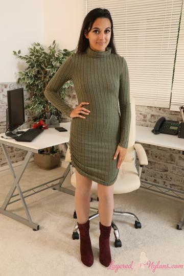 Summer Fox in Layered Nylons set Minidress Boots Pantyhose