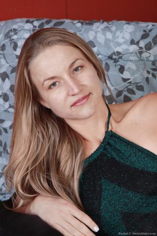 Rachel in We Are Hairy set Rachel Shows off cute hairy mound on futon