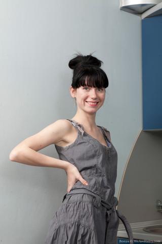 Bonya in We Are Hairy set Stripping in the kitchen with sheer grey stockings