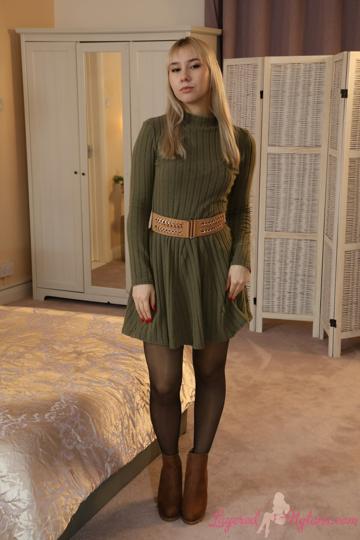 Patricia A in Layered Nylons set Cute Dress Boots Stockings Over Pantyhose